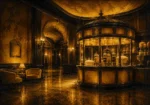 Cinema Passage Circular Concession Counter With Golden Glassware Yellow Entertainment Room Wall Art
