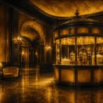 Cinema Passage Circular Concession Counter With Golden Glassware Yellow Entertainment Room Wall Art