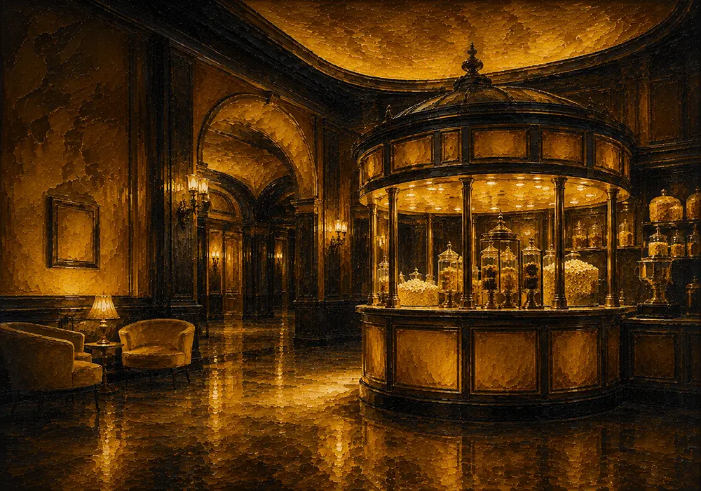 Cinema Passage Circular Concession Counter With Golden Glassware Yellow Entertainment Room Wall Art