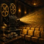 Cinema Study Projector Casting A Beam Across Empty Seats Yellow Home Theater Wall Art