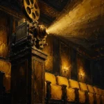 Cinema Portrait Projector Casting A Beam Across Empty Seats Yellow Home Theater Wall Art