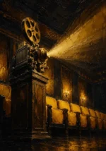 Cinema Portrait Projector Casting A Beam Across Empty Seats Yellow Home Theater Wall Art