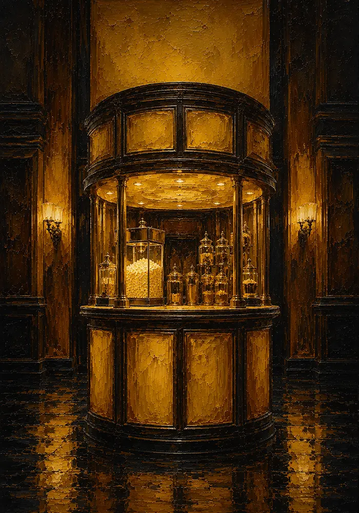 Cinema Ascent Circular Concession Counter With Golden Glassware Yellow Entertainment Room Wall Art
