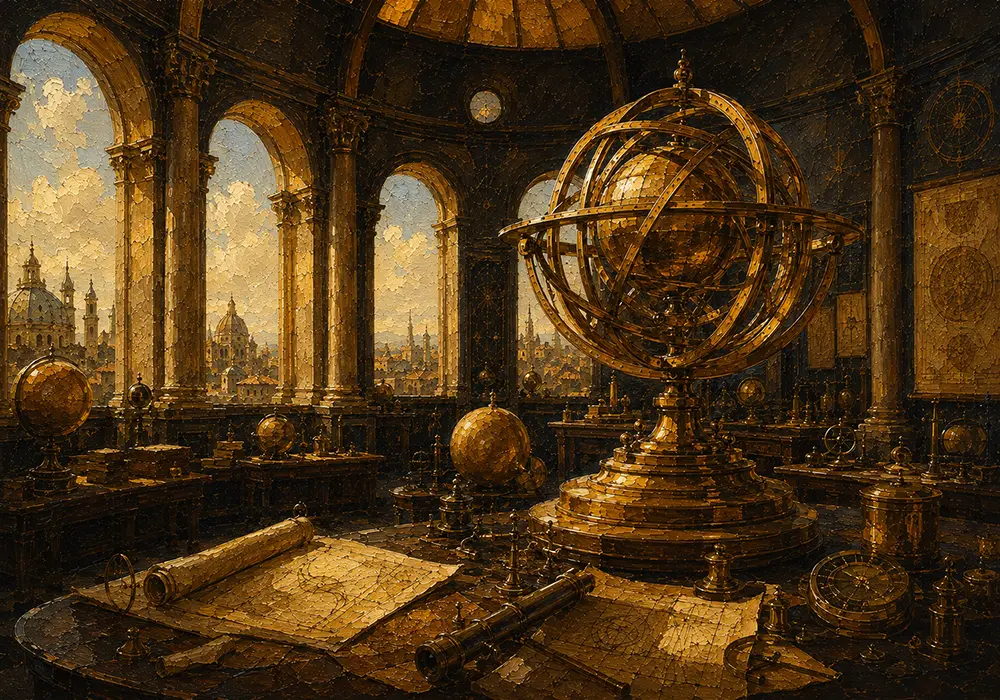 Solar Procession Monumental Armillary Sphere Yellow Home Office Wall Art