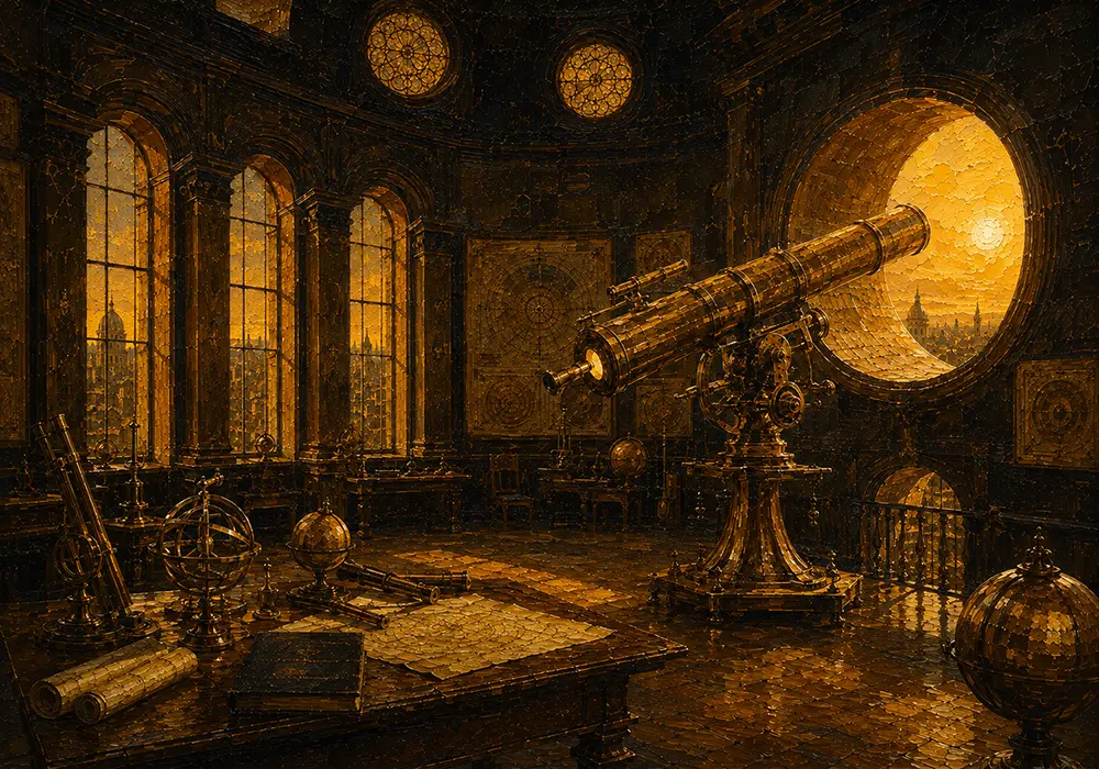Solar Chronicle Brass Telescope Aligned With A Bright Aperture Yellow Home Office Wall Art