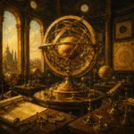 Solar Cabinet Monumental Armillary Sphere Yellow Home Office Wall Art