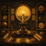 Solar Ritual Brass Telescope Aligned With A Bright Aperture Yellow Home Office Wall Art