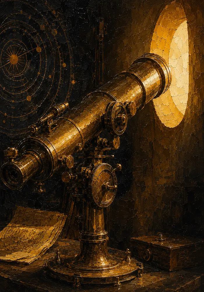 Solar Reliquary Brass Telescope Aligned With A Bright Aperture Yellow Home Office Wall Art