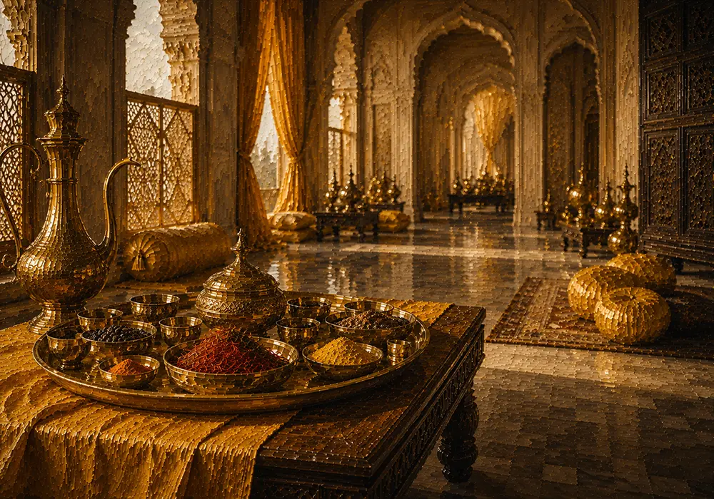 Saffron Passage Ceremonial Tray With Spices And Small Cups Yellow Dining Room Wall Art