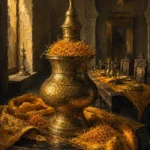 Saffron Sentinel Brass Spice Vessel Yellow Kitchen Wall Art