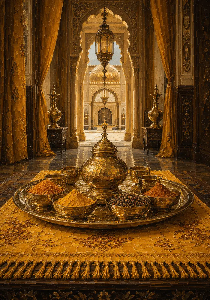 Saffron Ascent Ceremonial Tray With Spices And Small Cups Yellow Dining Room Wall Art