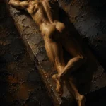 Espresso Gallery nude wall art print featuring a reclining classical figure with warm amber lighting, dramatic shadows, and sculptural composition