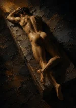 Espresso Gallery nude wall art print featuring a reclining classical figure with warm amber lighting, dramatic shadows, and sculptural composition