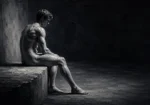 Graphite black & white nude art print featuring a seated classical figure in profile with dramatic shadows and elegant tonal contrast