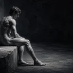 Graphite black & white nude art print featuring a seated classical figure in profile with dramatic shadows and elegant tonal contrast