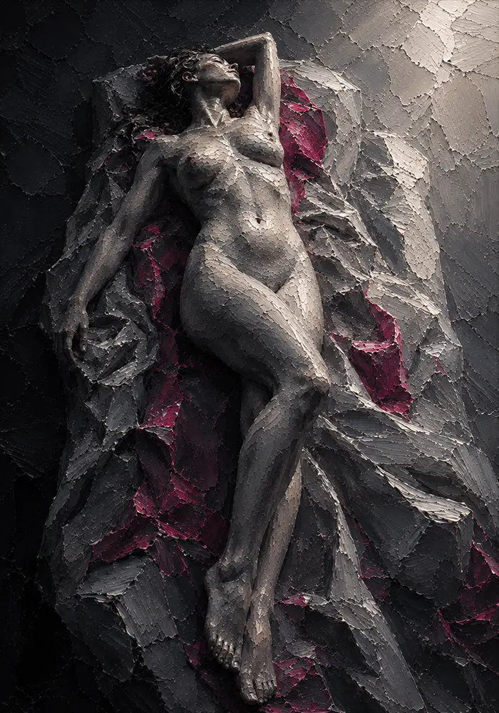 Crimson Veil Nude Woman Wall Art Graphite & Rose Art Print