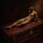 Merlot nude male wall art print featuring a reclining classical male figure on stone with warm lighting and dramatic shadows