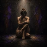 Sepia and violet female nude wall art print featuring a seated classical female figure with dramatic shadows and soft reflected light
