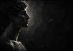 Charcoal and gold black and white nude portrait print featuring a classical side profile with refined lighting and elegant shadows