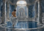 Dusty blue nude bathroom art print featuring a classical bathing scene with marble architecture, flowing drapery, and tranquil water reflections for elegant interiors