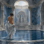 Dusty blue nude bathroom art print featuring a classical bathing scene with marble architecture, flowing drapery, and tranquil water reflections for elegant interiors