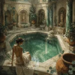 Eucalyptus and clay nude bathroom wall art print featuring a Roman marble bath scene with arches, fountains, water reflections, and elegant classical details for interiors