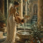 Eucalyptus and clay nude bathroom wall art print featuring a classical bath courtyard with marble columns, cascading fountains, foliage, and sculpted amphora details for elegant interiors