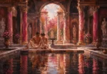 Rose and copper nude couple wall art print featuring a classical bathing pavilion with marble columns, reflective water, flowing drapery, and elegant figures for refined interiors