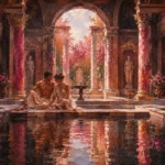 Rose and copper nude couple wall art print featuring a classical bathing pavilion with marble columns, reflective water, flowing drapery, and elegant figures for refined interiors