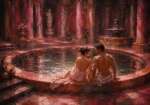 Rose and copper nude couple wall art print featuring a Roman bathing sanctuary with marble pool, fountains, columns, and elegant figures for sophisticated interiors