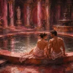 Rose and copper nude couple wall art print featuring a Roman bathing sanctuary with marble pool, fountains, columns, and elegant figures for sophisticated interiors