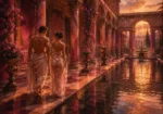 Rose and copper nude couple wall art print featuring a classical courtyard bath with marble columns, reflecting pool, fountains, vines, and elegant figures for refined interiors