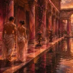 Rose and copper nude couple wall art print featuring a classical courtyard bath with marble columns, reflecting pool, fountains, vines, and elegant figures for refined interiors