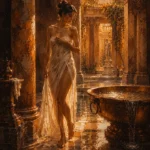 Honey bronze large nude wall art print featuring a classical marble bathing chamber with arches, flowing linen, warm light, and sculptural architectural details for interiors
