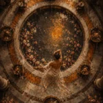 Honey bronze large nude wall art print featuring a classical reflecting pool with marble mosaics, flower petals, fountains, and elegant architectural details for interiors