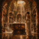 Clay & Moss nude wall painting featuring a classical draped figure beside a monumental bronze bathing basin beneath marble arches for elegant interiors