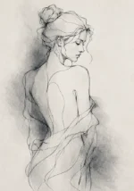 Graphite Museum black and white nude drawing featuring a graceful continuous-line classical figure with subtle charcoal shading for elegant interiors