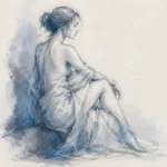 Storm Blue Contrast black and white nude sketches featuring a seated classical female figure with expressive sketch lines and soft blue-gray shading for elegant interiors