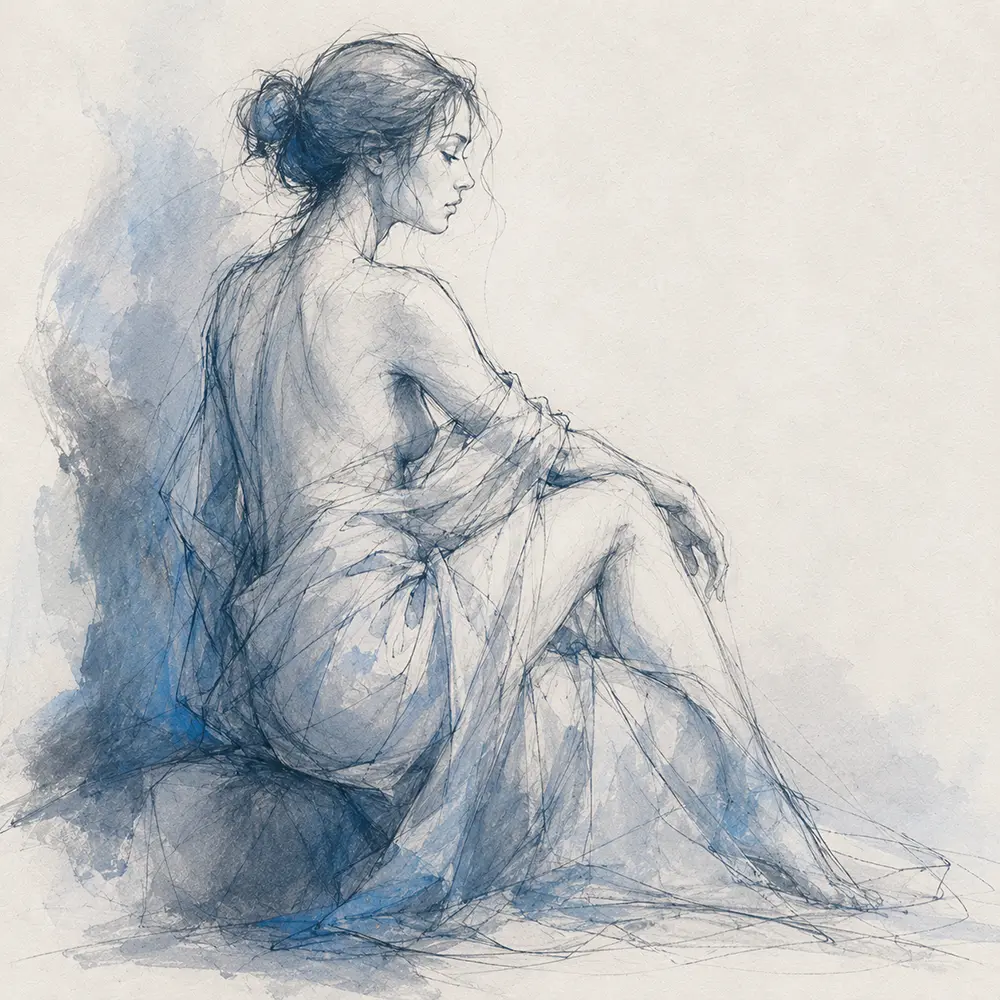 Cobalt Gesture Black And White Nude Sketches Storm Blue Contrast Art Print