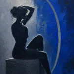 Silver & Cobalt nude woman silhouette art featuring a graceful seated silhouette with a bold cobalt background and minimalist contemporary composition for elegant interiors