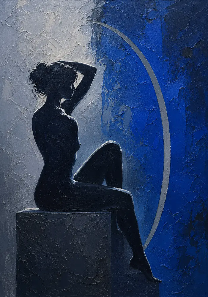 Cobalt Poise Nude Woman Silhouette Art Silver & Cobalt Art Print