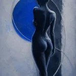 Silver & Cobalt nude woman silhouette art featuring a graceful turning female silhouette with a bold cobalt circle and minimalist geometric composition for elegant interiors