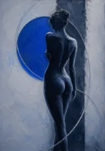 Silver & Cobalt nude woman silhouette art featuring a graceful turning female silhouette with a bold cobalt circle and minimalist geometric composition for elegant interiors