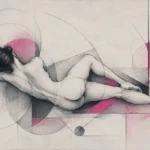Graphite & Rose abstract nude wall art featuring a reclining feminine silhouette with geometric forms, flowing graphite lines, and subtle rose accents for elegant interiors