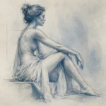 Dusty Blue Gallery figure drawing wall art featuring a seated classical figure with elegant sketch lines and soft blue-gray tones for refined interiors