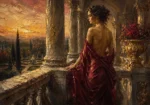 Merlot & Antique Gold renaissance nude art featuring a draped classical figure beside marble architecture and an Italian garden for sophisticated interiors