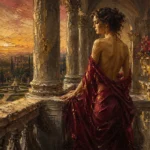 Merlot & Antique Gold renaissance nude art featuring a draped classical figure beside marble architecture and an Italian garden for sophisticated interiors