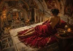 Merlot & Antique Gold renaissance nude art featuring a draped classical figure within grand marble architecture and warm candlelight for elegant interiors