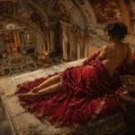 Merlot & Antique Gold renaissance nude art featuring a draped classical figure within grand marble architecture and warm candlelight for elegant interiors