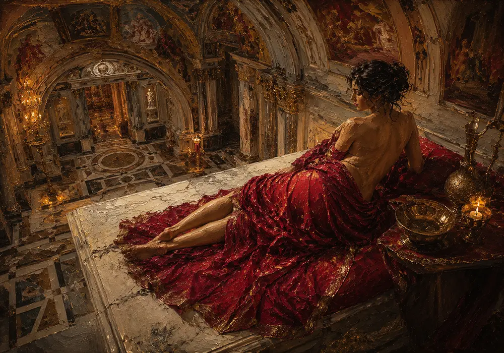 Gilded Harmony Renaissance Nude Art Merlot & Antique Gold Art Print